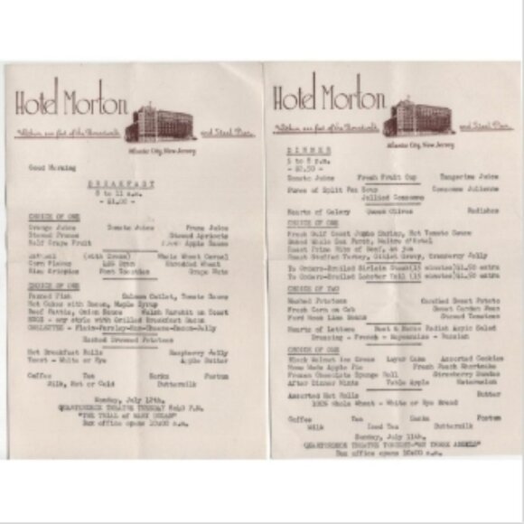 Other - Vintage Pair Of Menus From The Hotel Morton Atlantic City NJ For Kitchen Decor